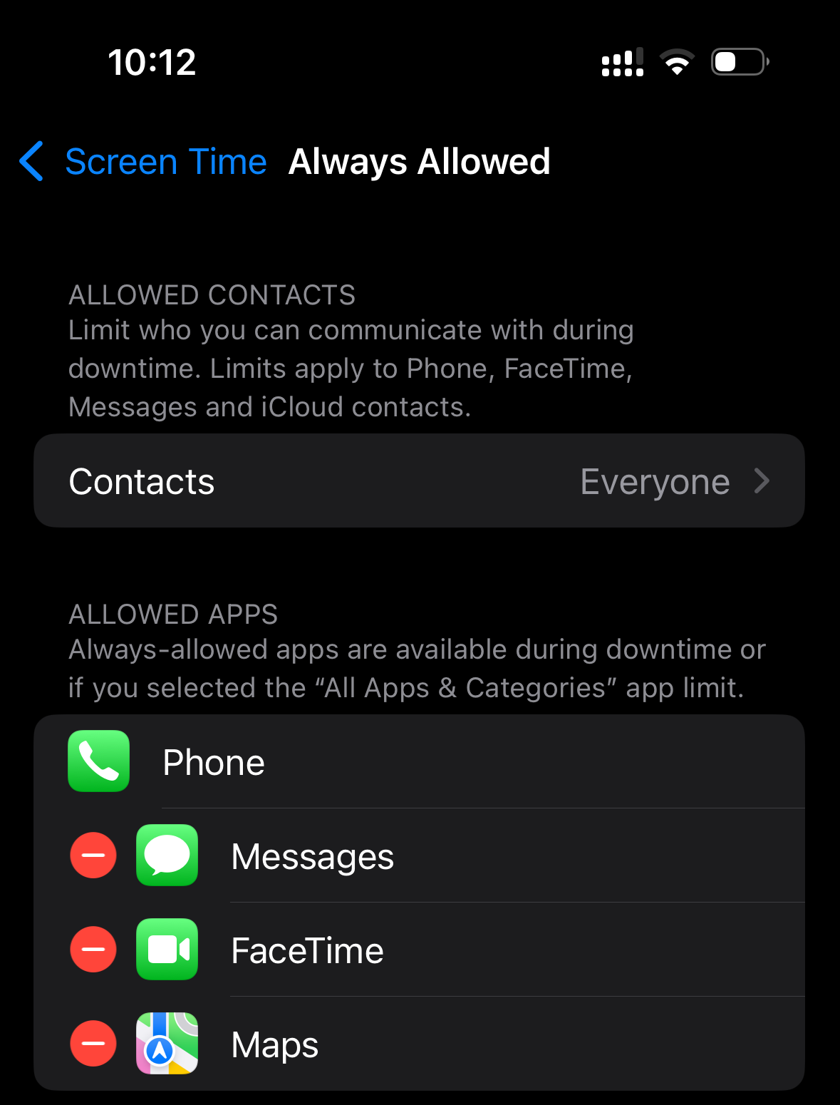 Always Allowed screen on an iPhone showing Phone, Messages, FaceTime, and Maps.