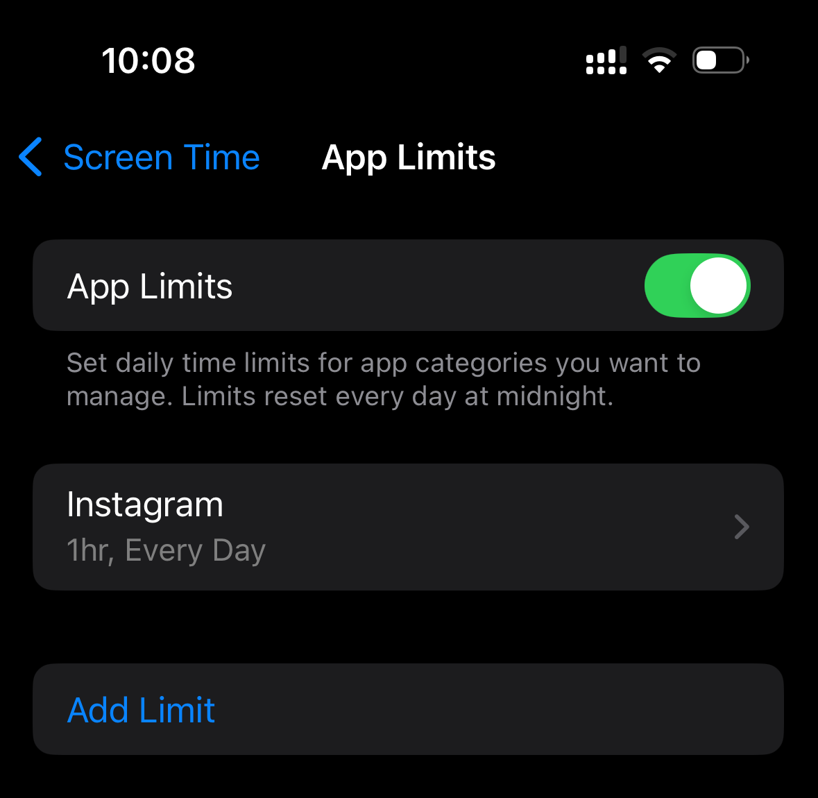 App Limits screen on an iPhone showing an active one-hour Instagram limit and the Add Limit option.
