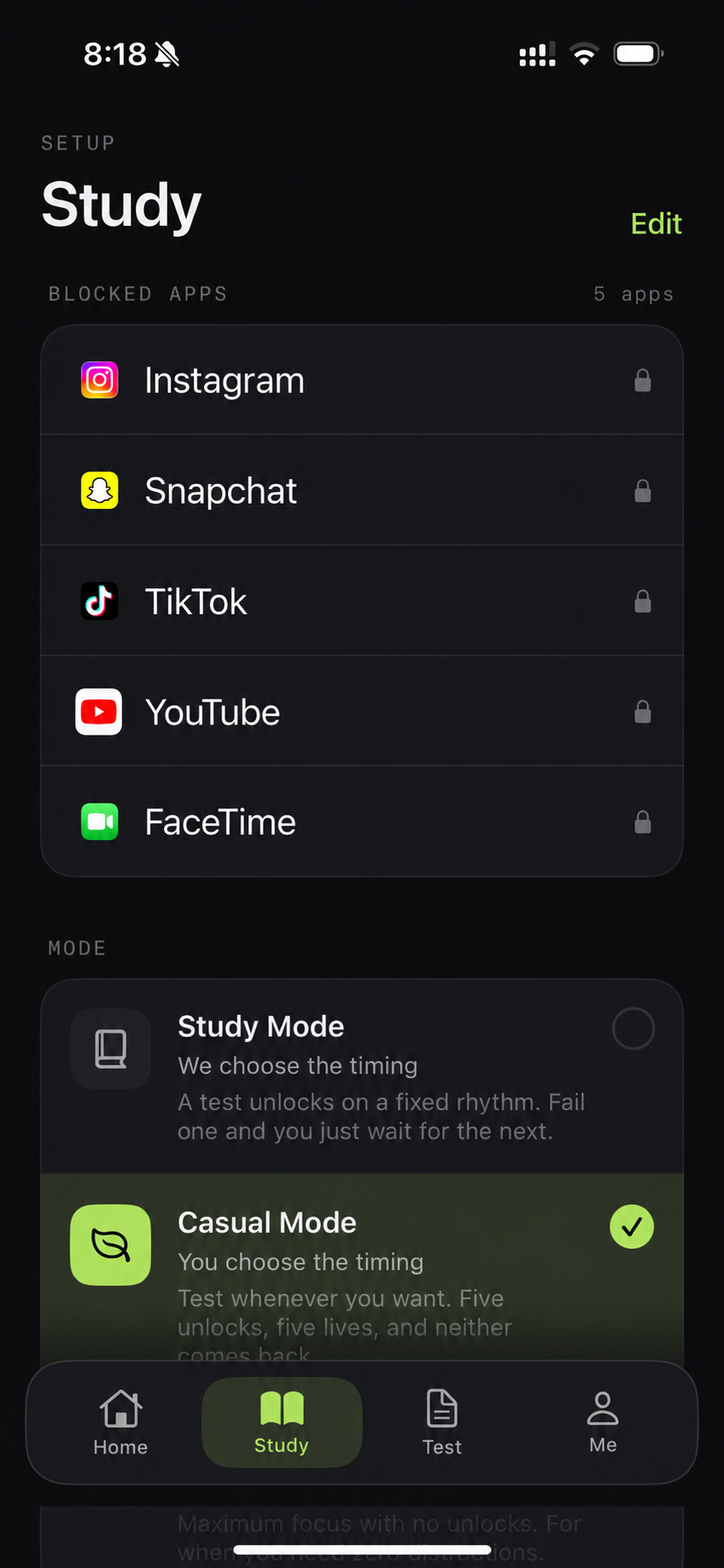 StudyIn screen showing distracting apps selected for blocking