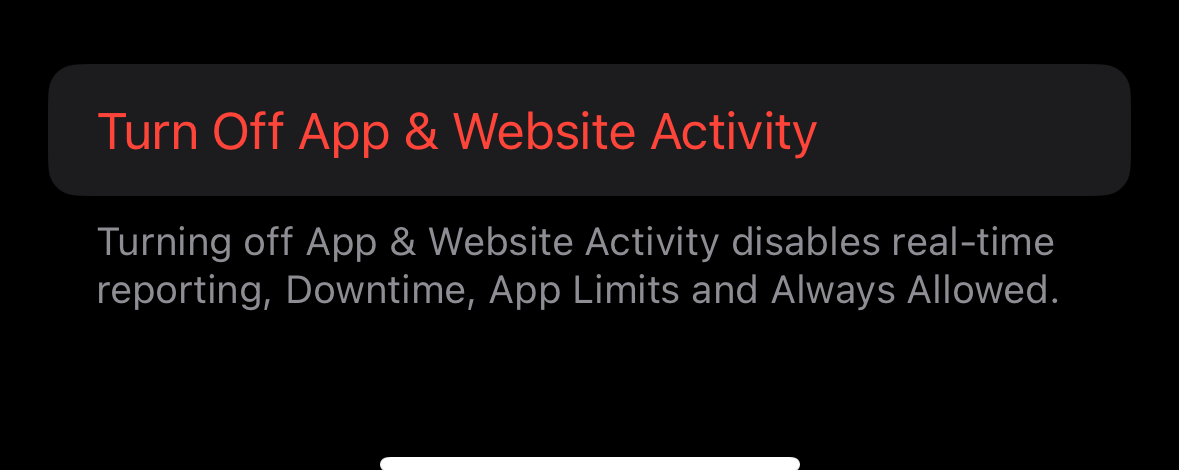 Turn Off App & Website Activity button in iPhone Screen Time, indicating that activity is enabled.