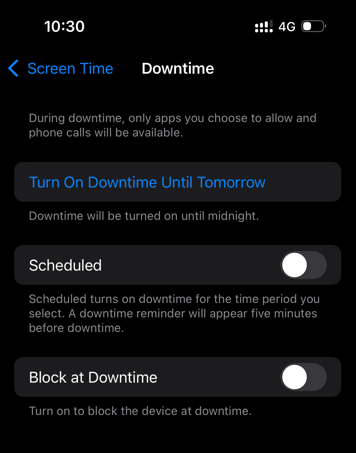 iPhone Downtime settings with Block at Downtime turned off.