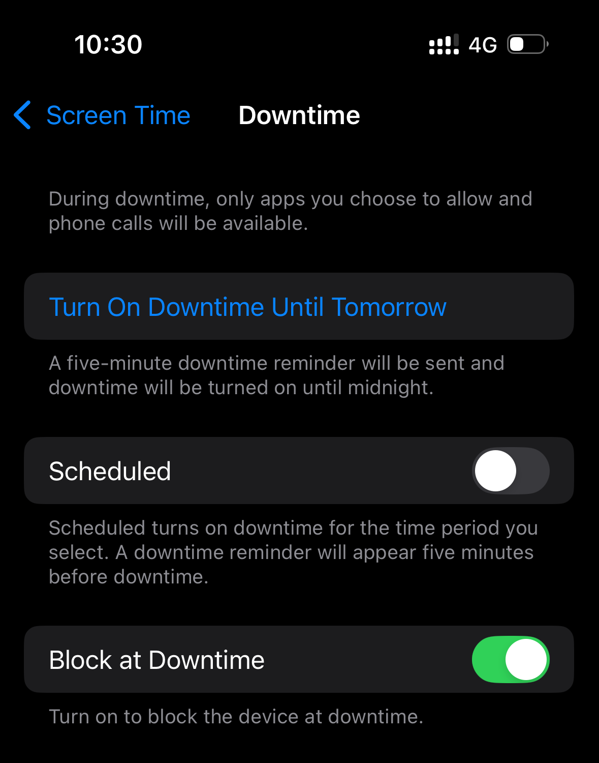 iPhone Downtime settings with Block at Downtime turned on.