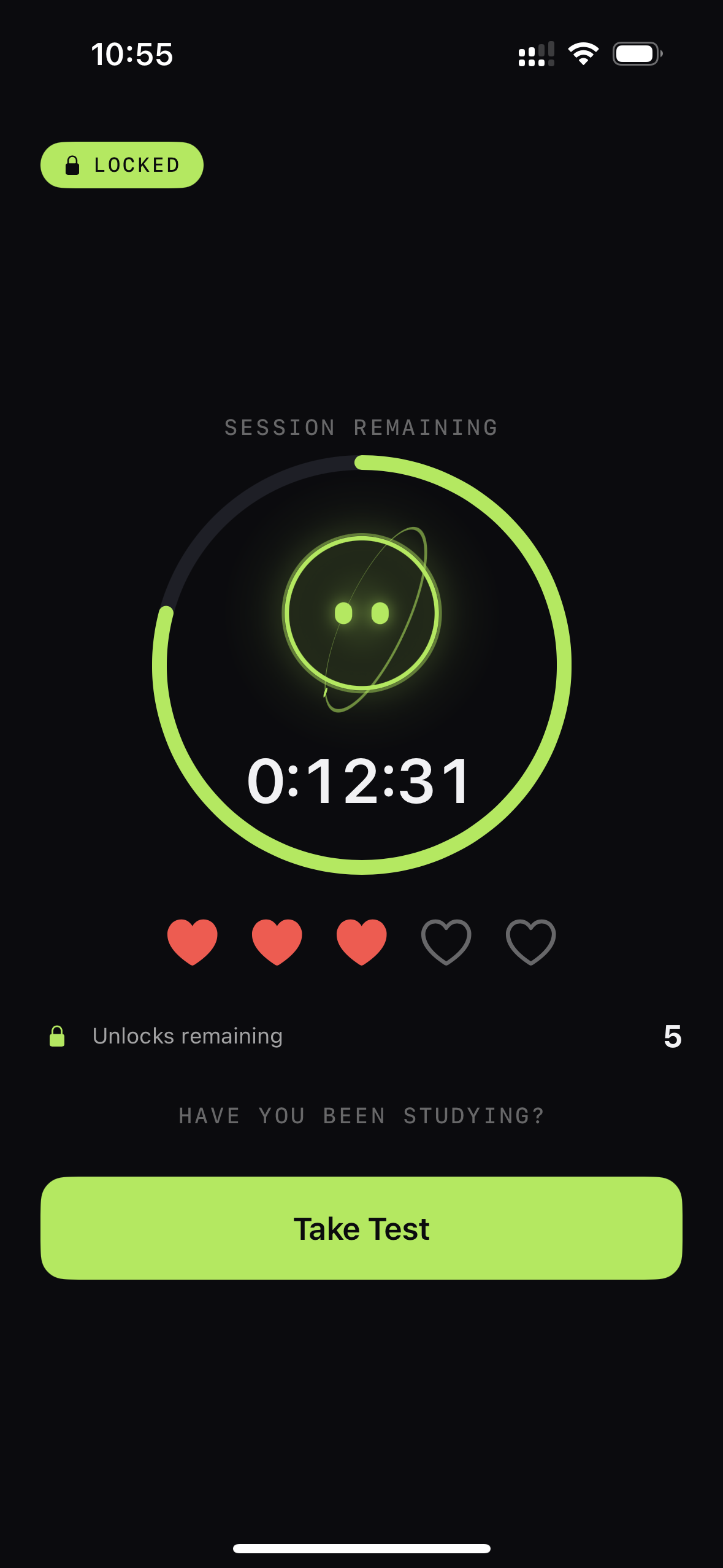 StudyIn Casual Mode showing a locked session, remaining attempts, unlocks, and Take Test action
