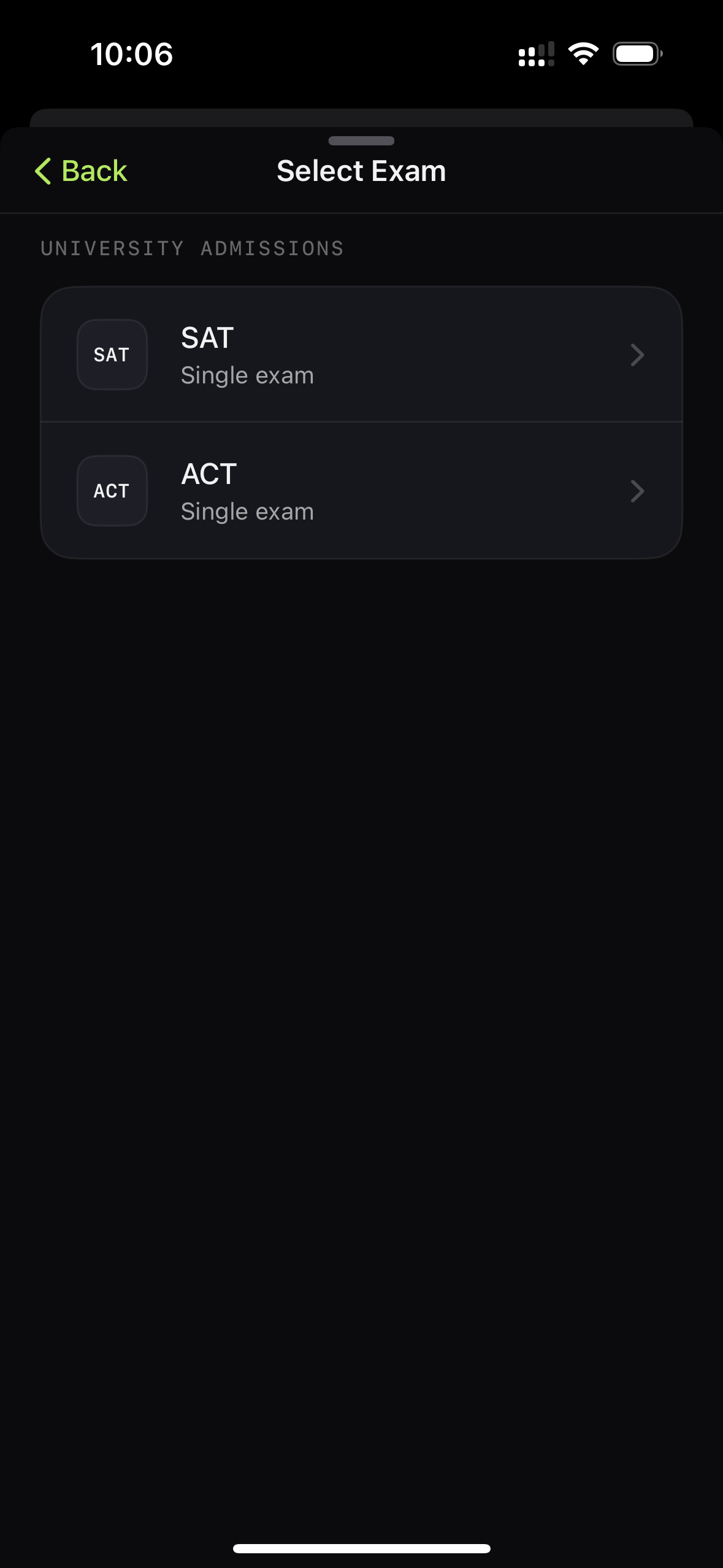 StudyIn exam selector showing SAT and ACT