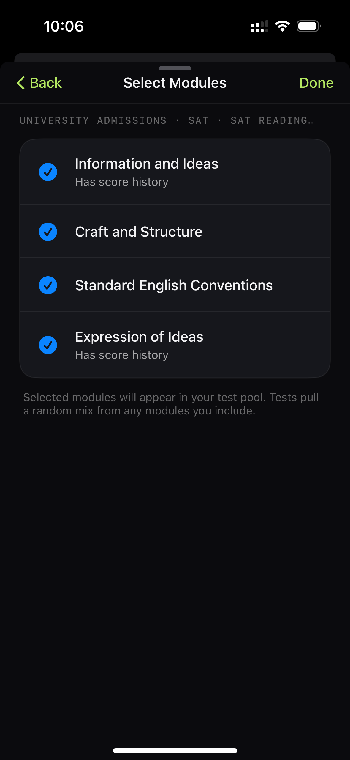 StudyIn SAT module selection screen with four syllabus areas selected