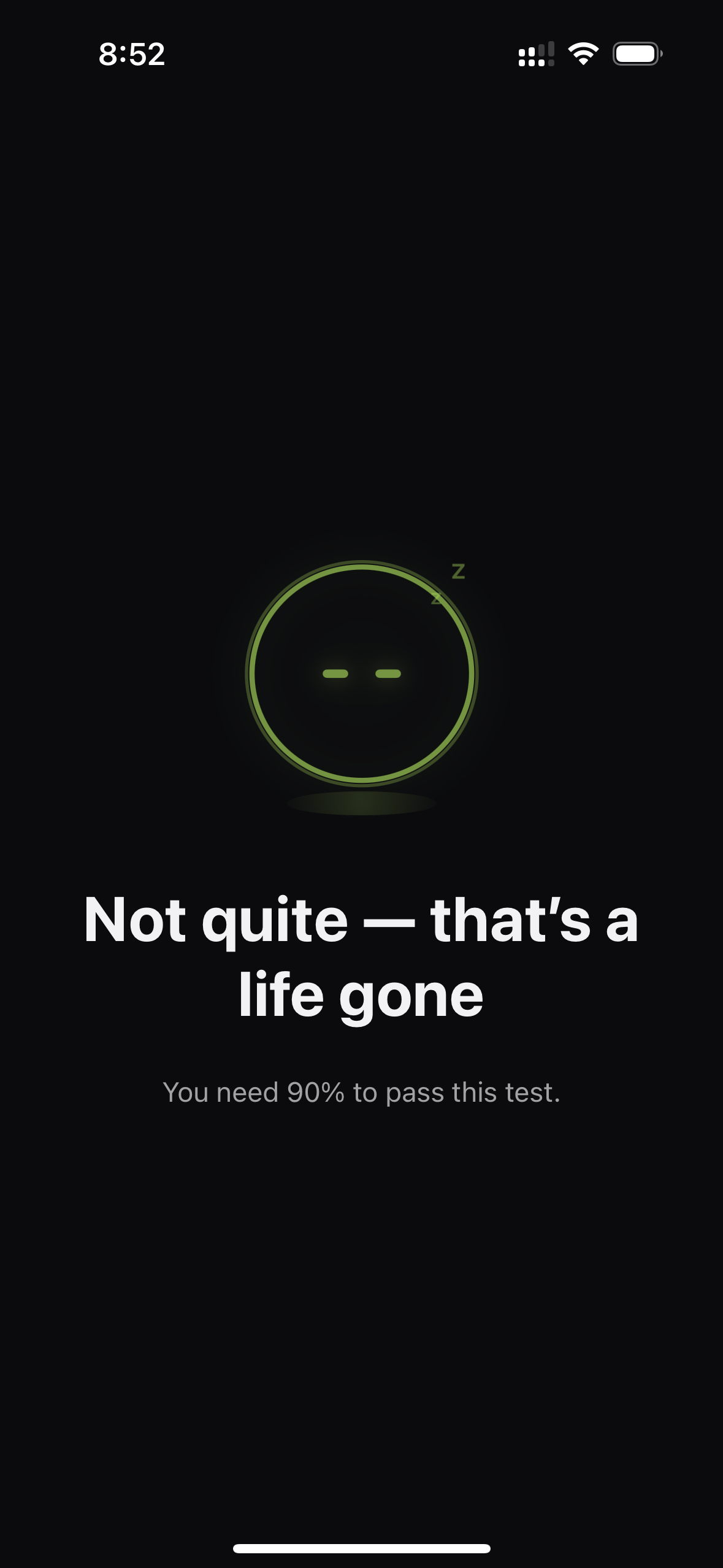 StudyIn quiz result showing that the pass mark was not reached