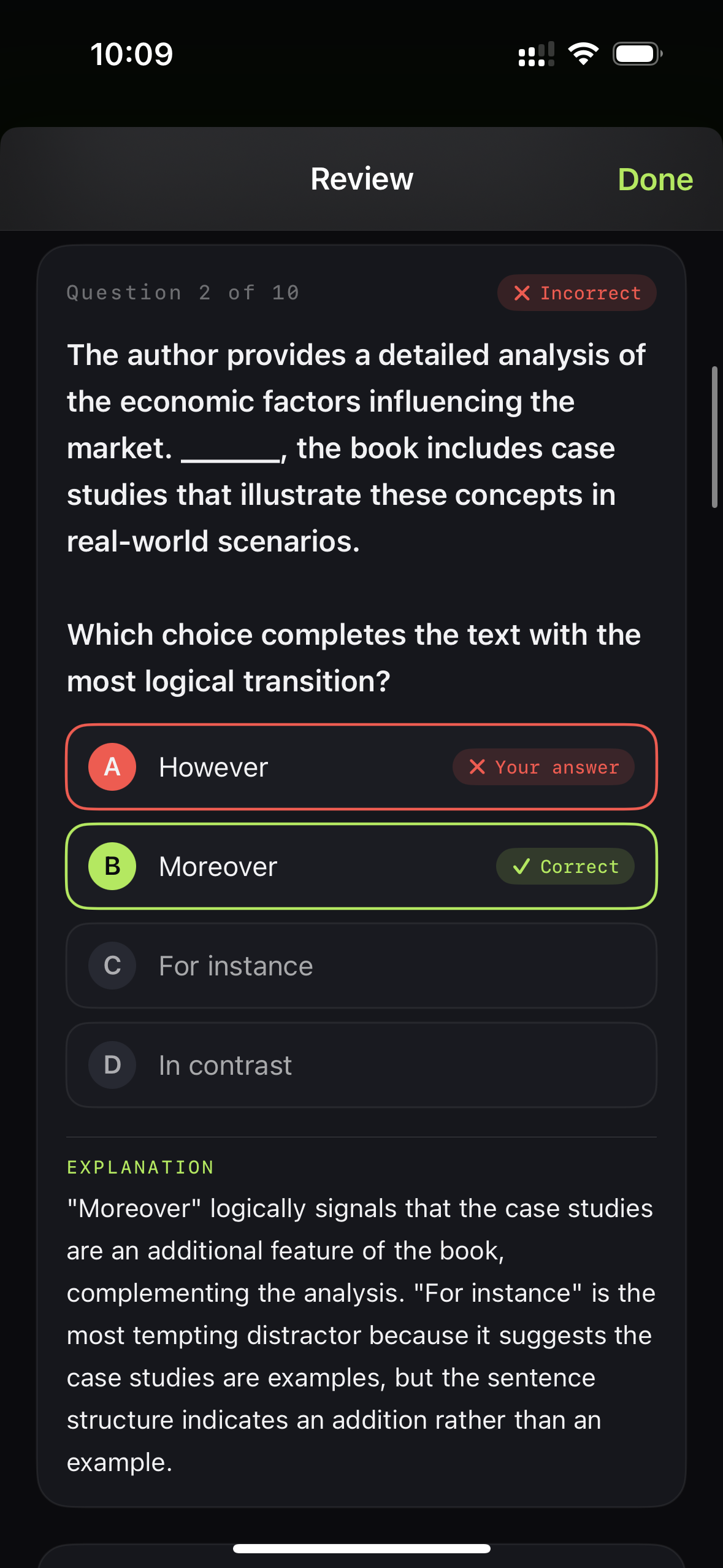 StudyIn answer review showing a missed answer, the correct answer, and an explanation