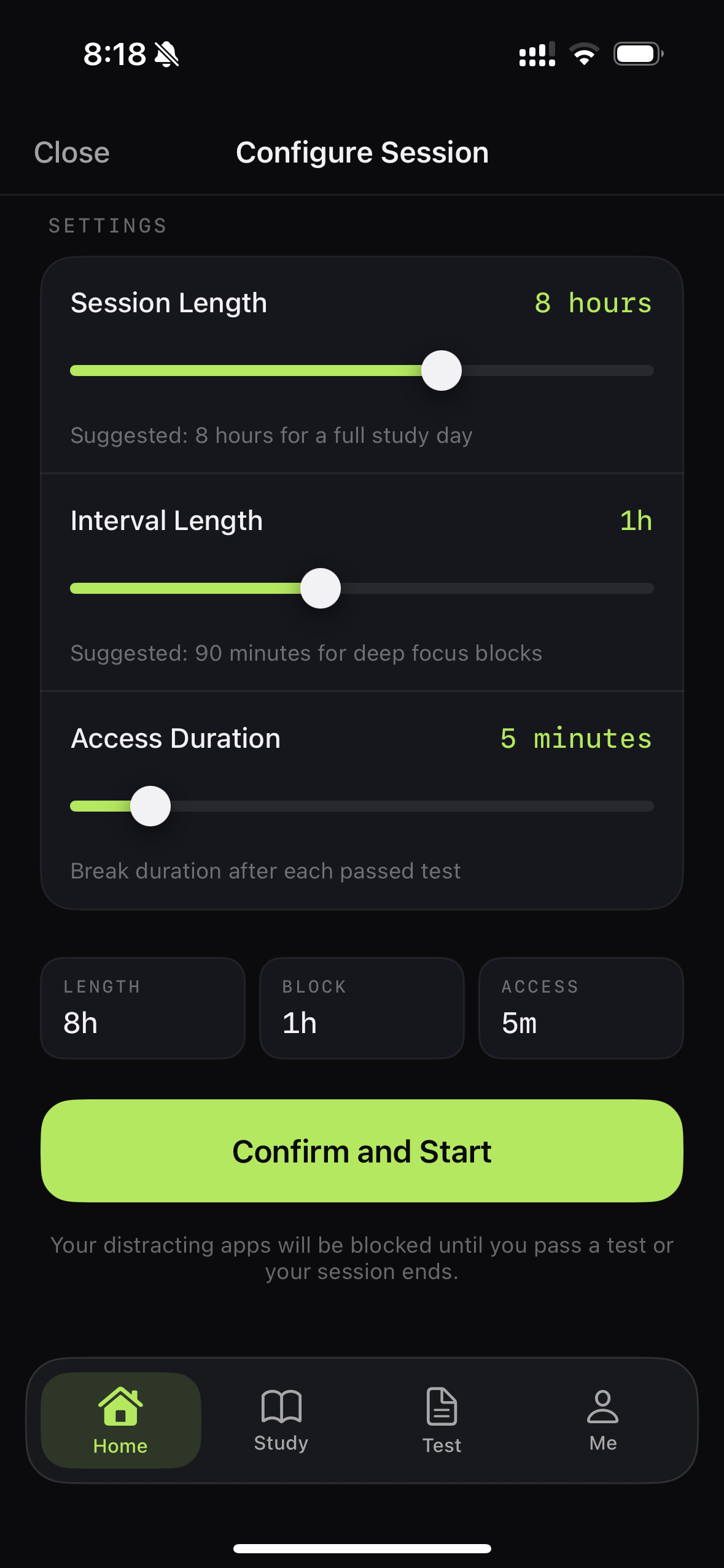 StudyIn Study Mode controls for session length, quiz interval, and timed app access