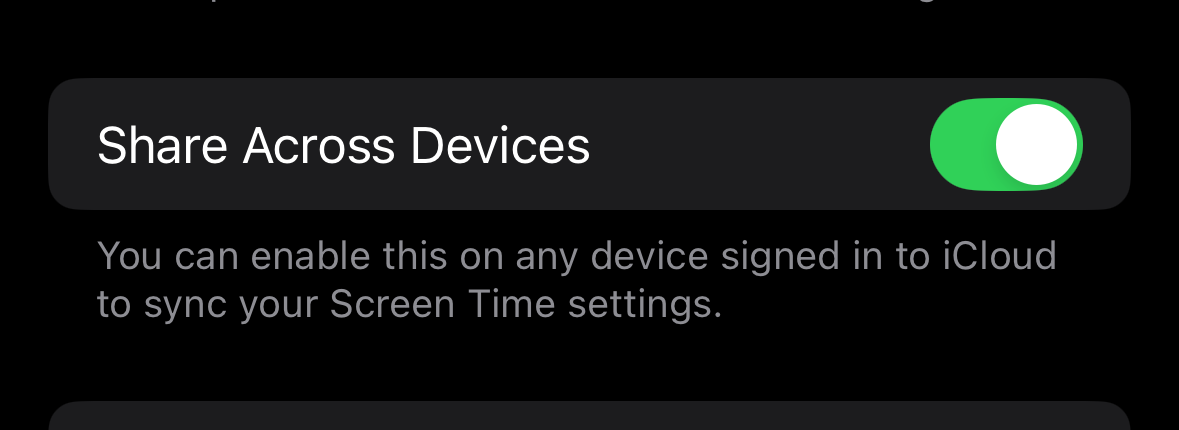 Share Across Devices enabled in iPhone Screen Time settings.