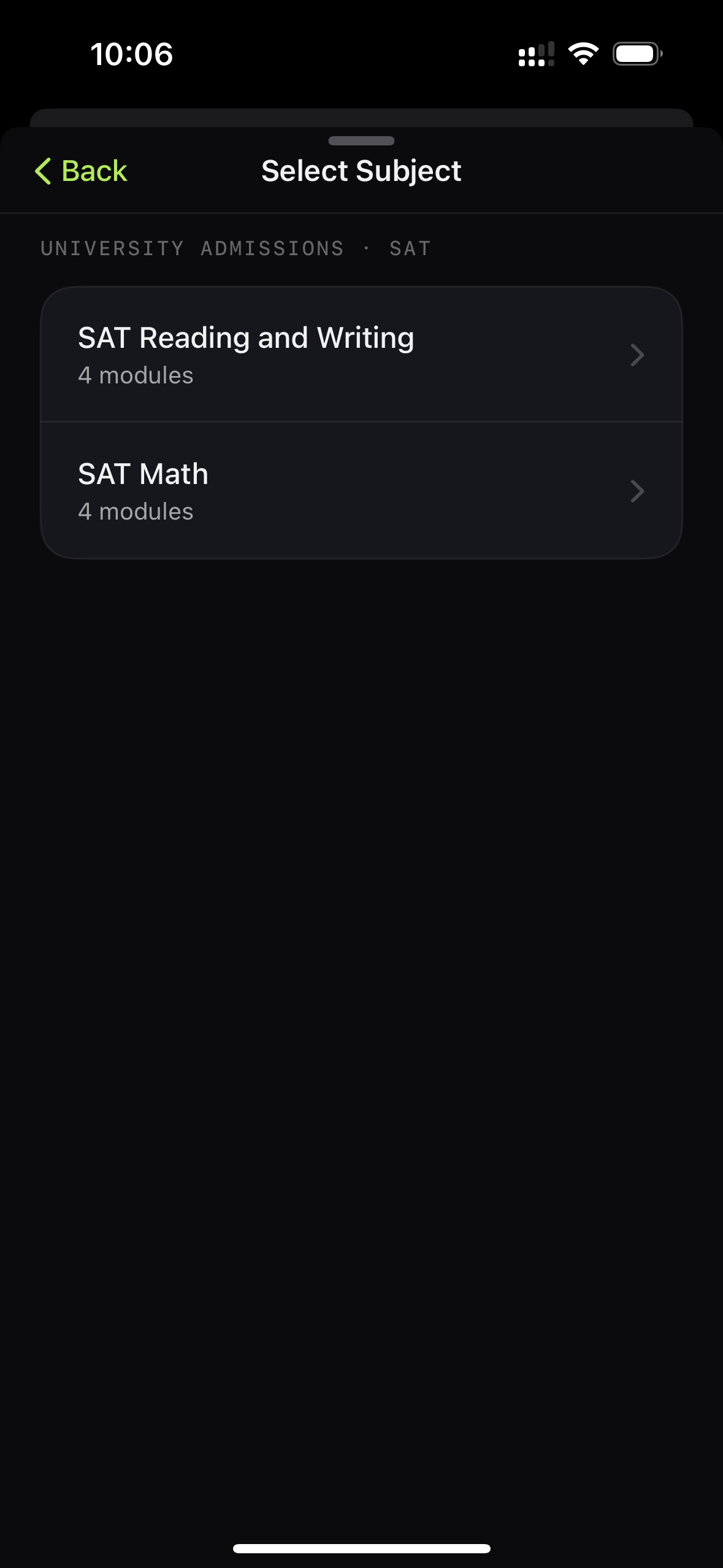 StudyIn subject selector showing SAT Reading and Writing and SAT Math