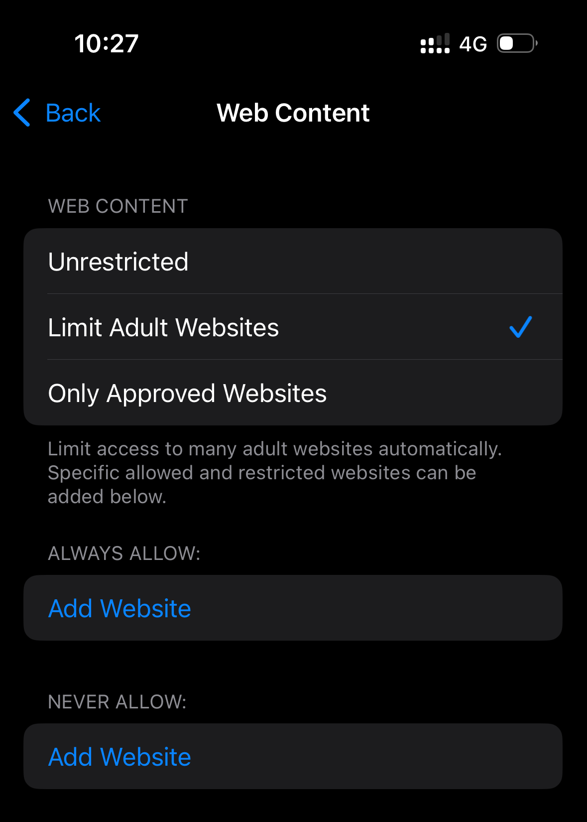 Web Content settings on an iPhone with Limit Adult Websites selected and an empty Never Allow list.