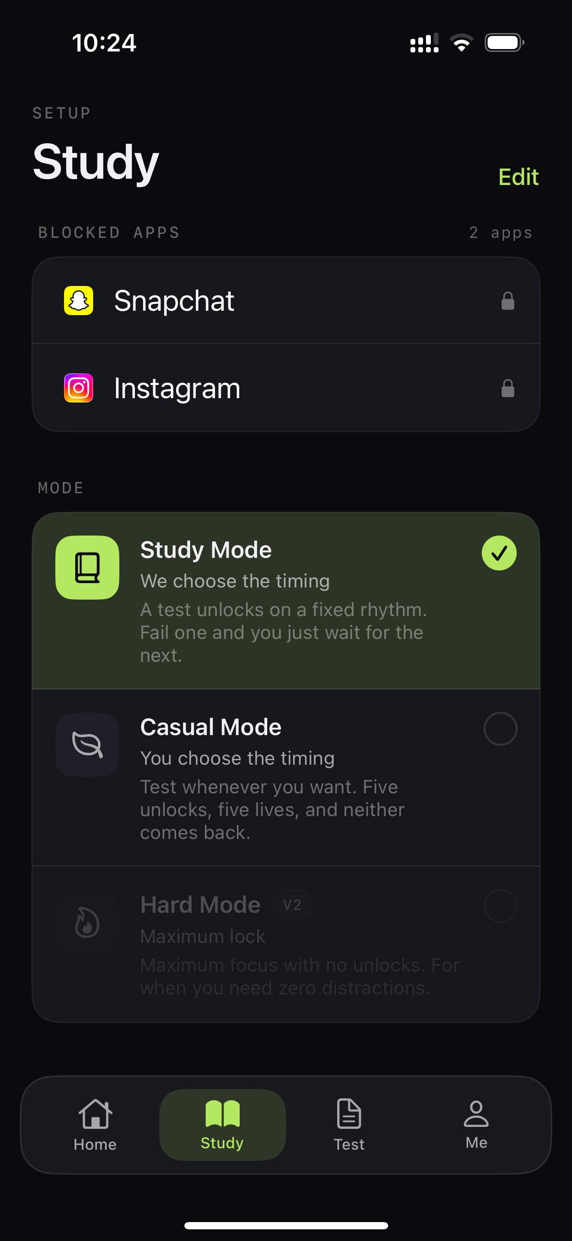 StudyIn setup screen with selected blocked apps and study mode