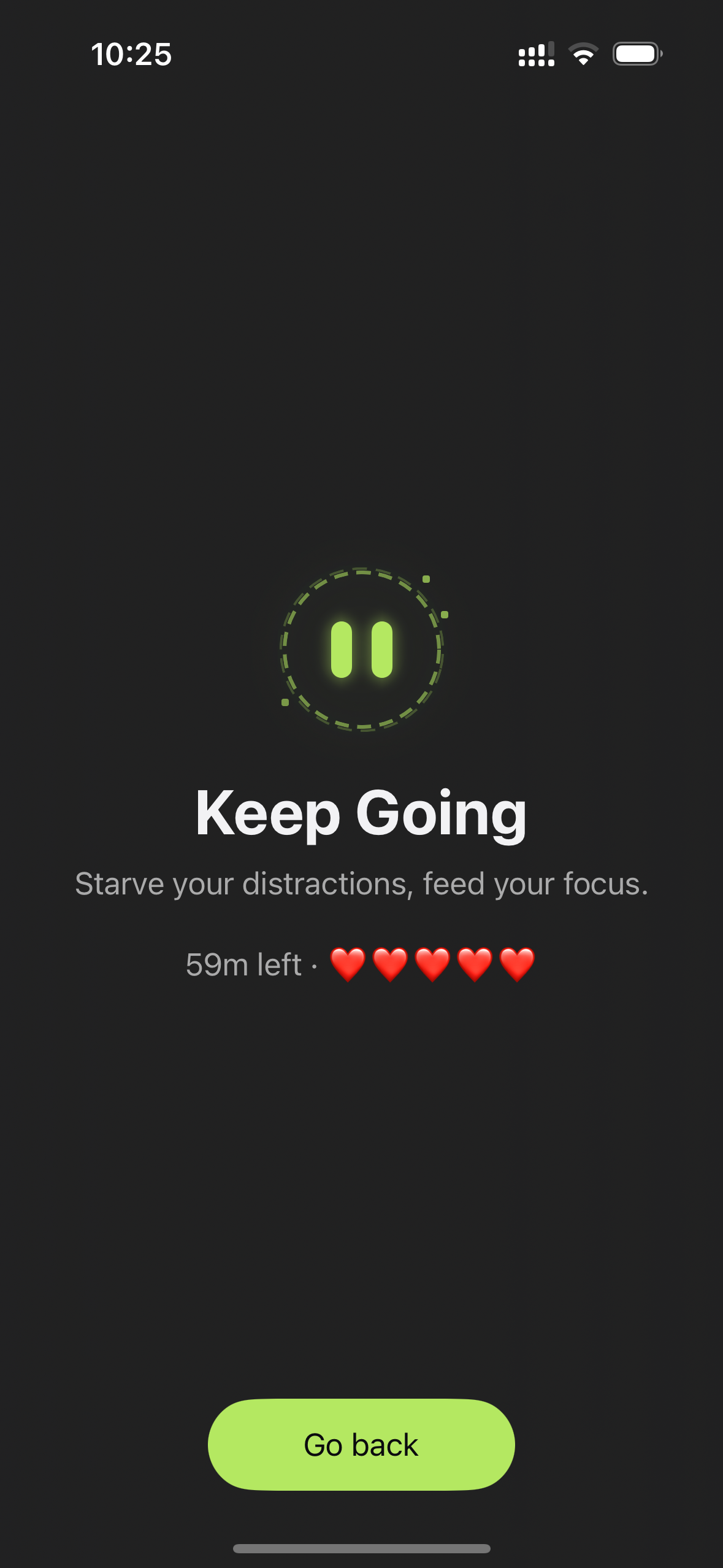 StudyIn blocking screen encouraging the student to continue focusing