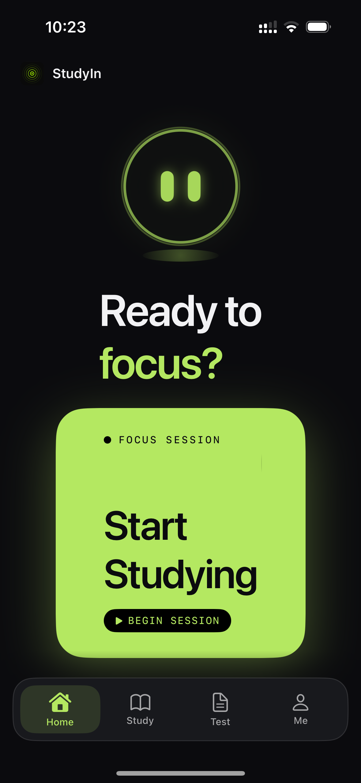 StudyIn home screen ready to begin a focus session