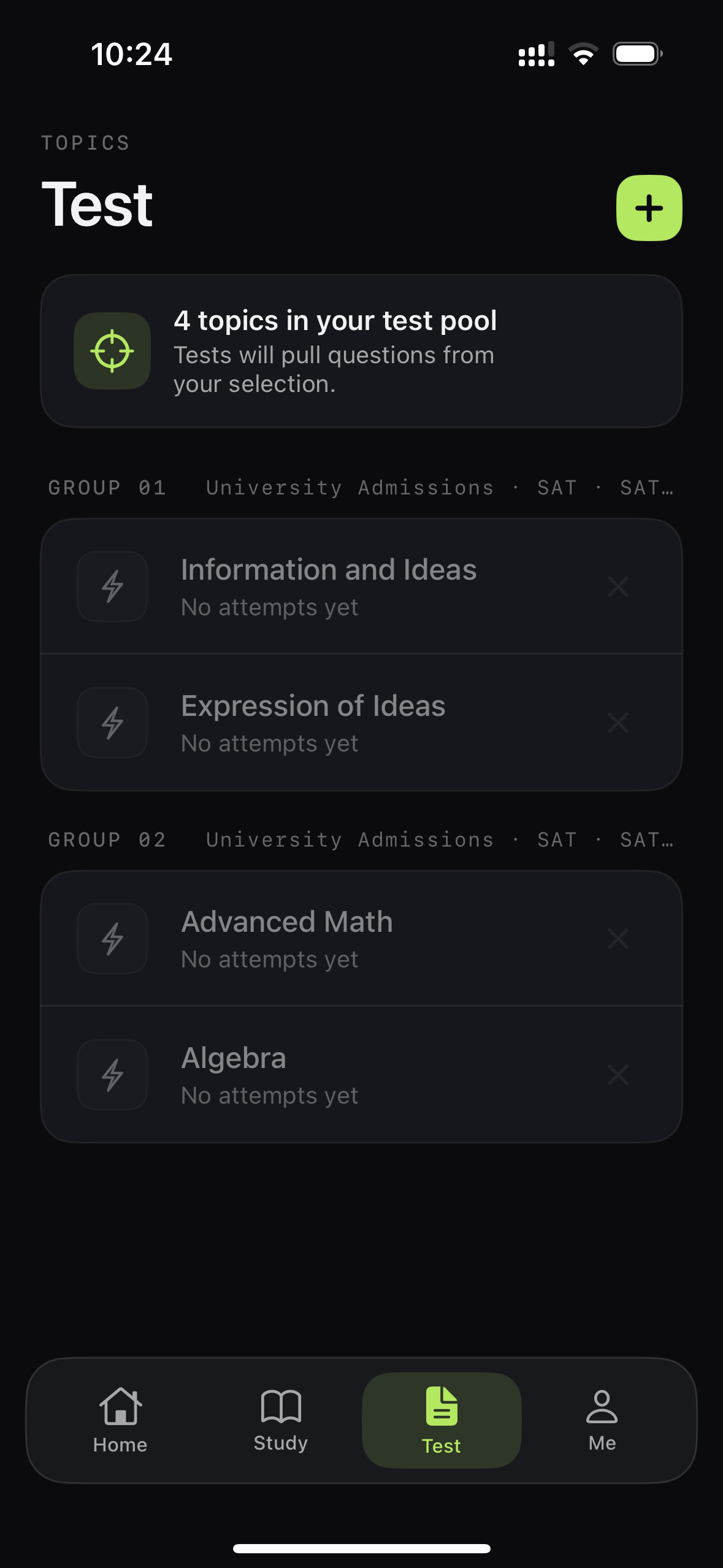 StudyIn test topics screen showing the student's selected exam modules
