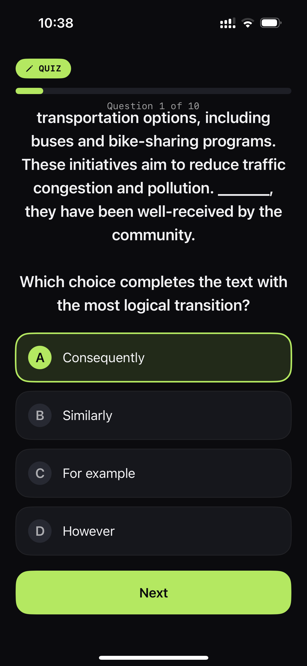 StudyIn quiz screen showing an exam question with four answer choices