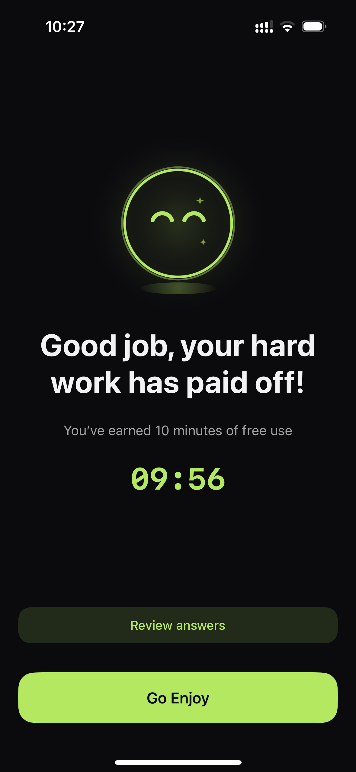 StudyIn success screen showing ten minutes of earned app access