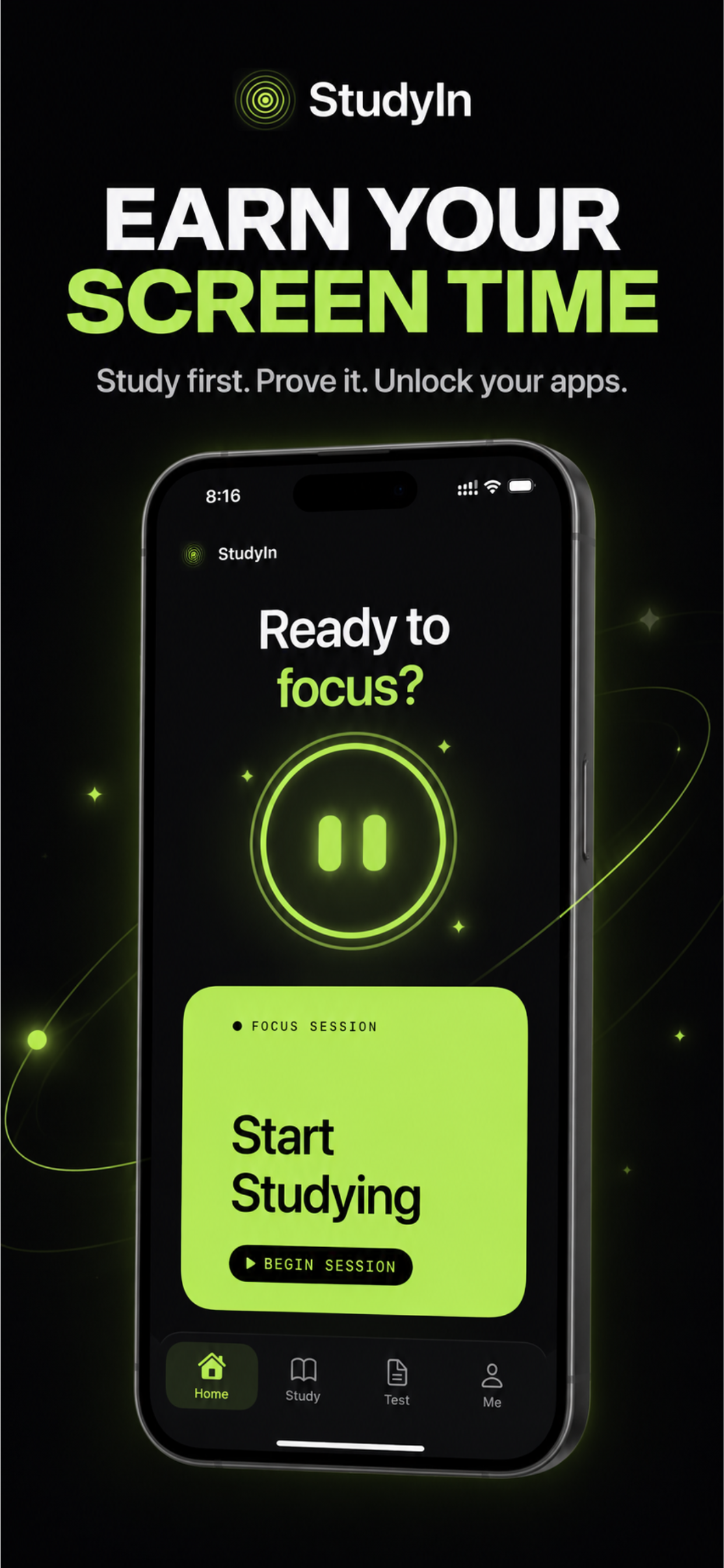 StudyIn app preview showing the focus session screen on an iPhone